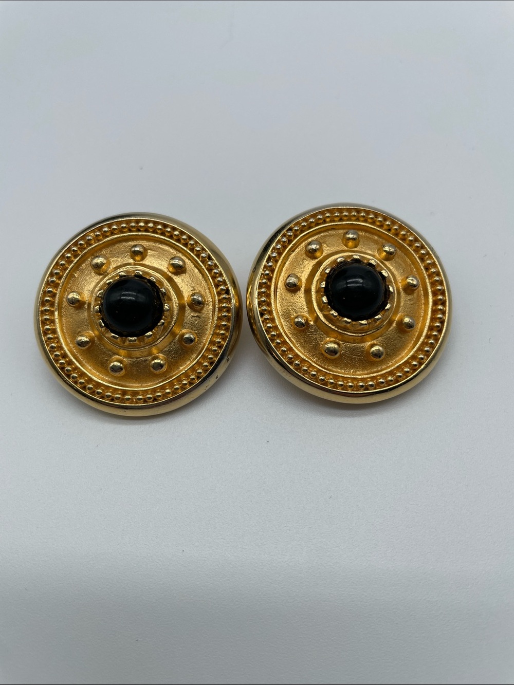 Doreen Ryan Gold-Tone Round Clip On Earrings with Black Center Cabochon